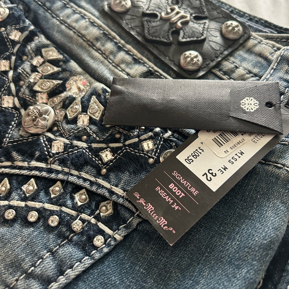 Miss Me Blue Boot Cut Jeans with Silver Accents - Picture 2 of 5